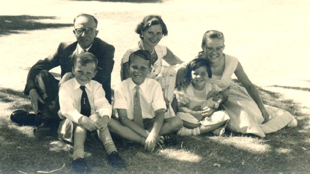 John and Catherina van der Linden with their children at Glenelg in 1958. (Source: The Senior)