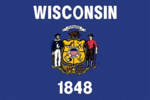 U.S. state flag consisting of a dark blue field (background) with a central coat of arms, the name of the state, and the date 1848.