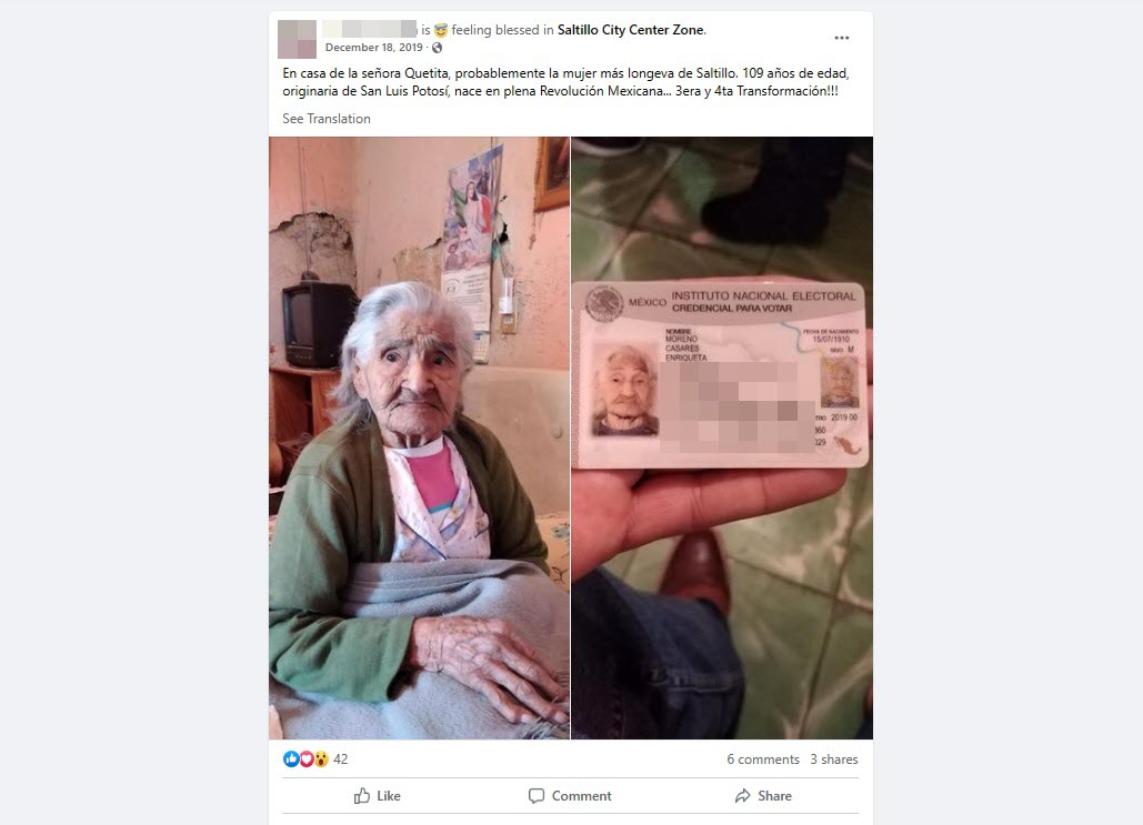 Facebook post from 2019, mentioning her at the age of 109.