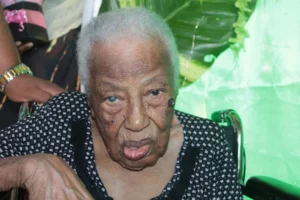 Marguerite Pouponeau on her 111th birthday in 2023.