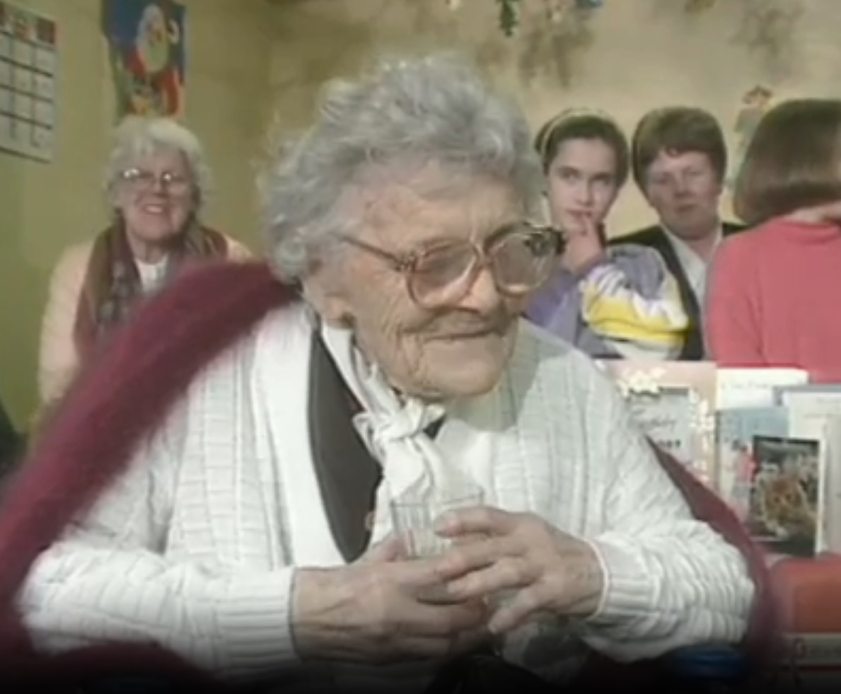 On her 107th birthday in 1993. (Source: Raidió Teilifís Éireann)
