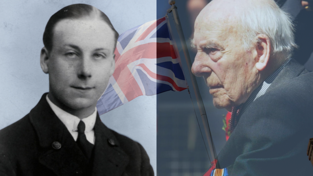 Allingham during World War I on left, Allingham at a World War I commemoration 90 years later on right