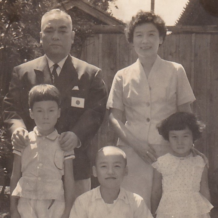 In the 1950s, with her husband and children. (Source: Courtesy of her eldest son, Mr. Ichirō Honda.)