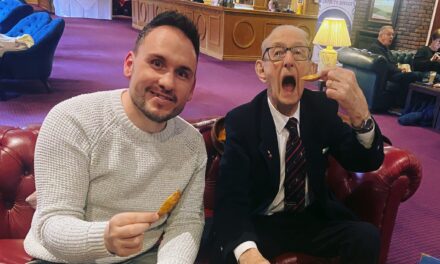 Ben Hinchliffe (author) at lunch with Owen Filer, age 105, oldest known man in Wales