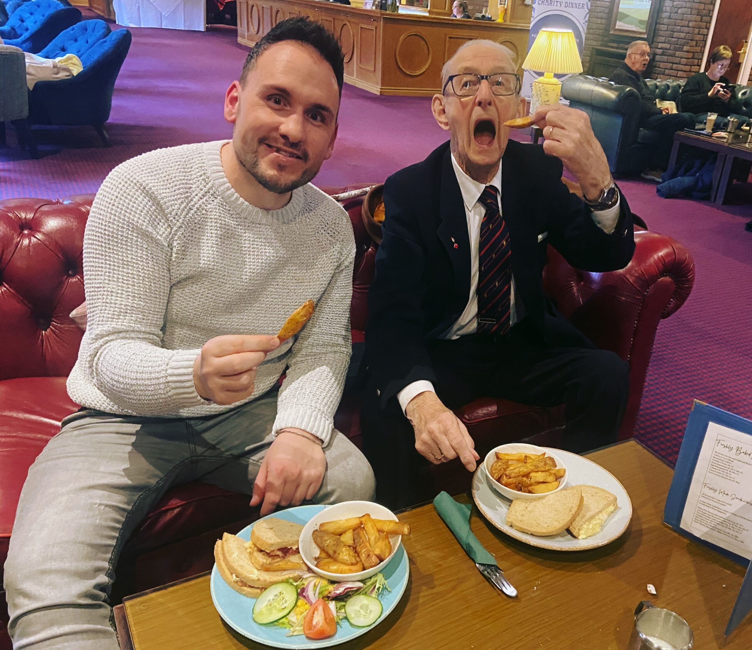 Ben Hinchliffe (author) at lunch with Owen Filer, age 105, oldest known man in Wales