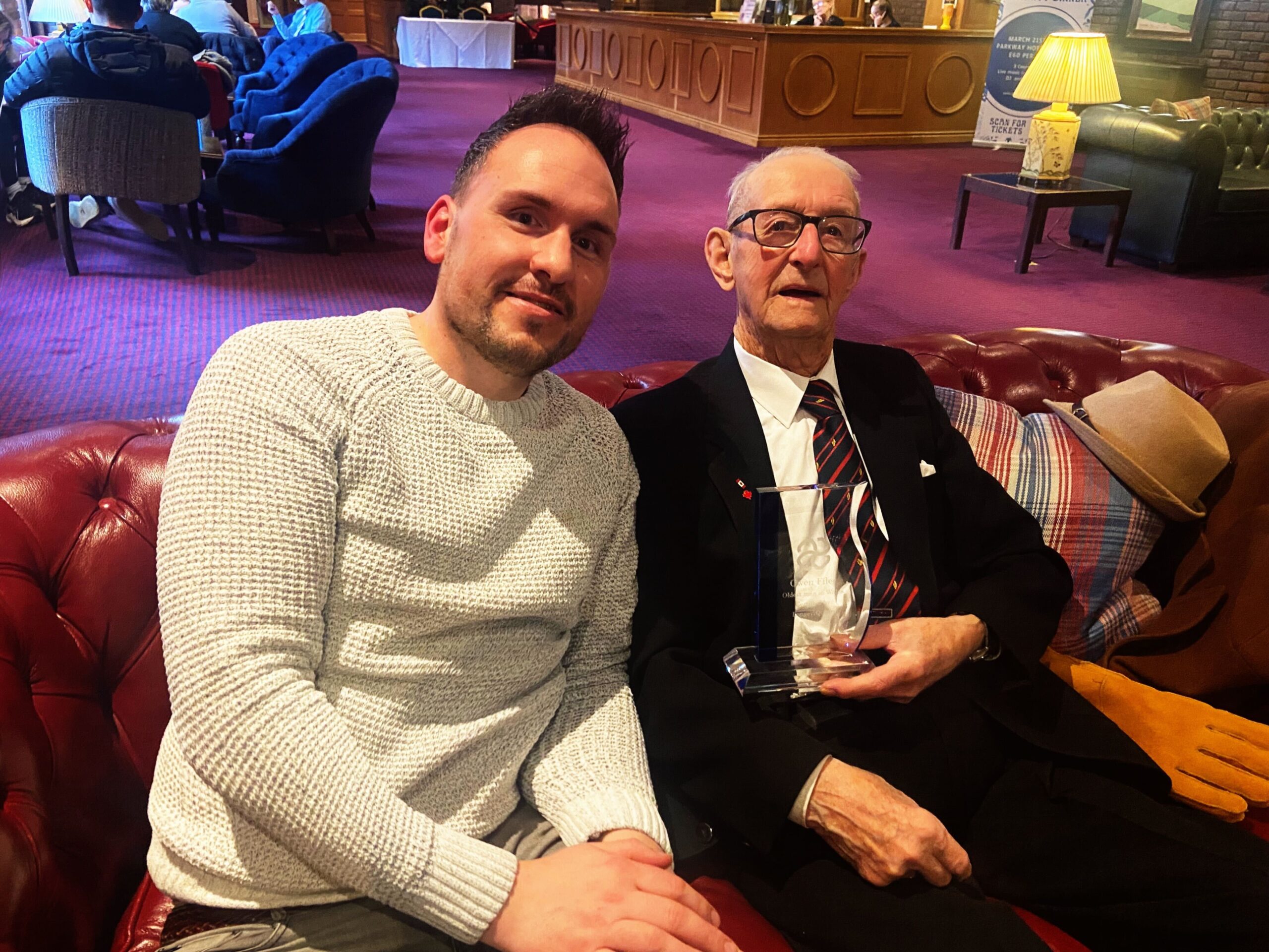Ben Hinchliffe (author, LongeviQuest UK researcher) with Owen Filer, age 105, oldest known man in Wales