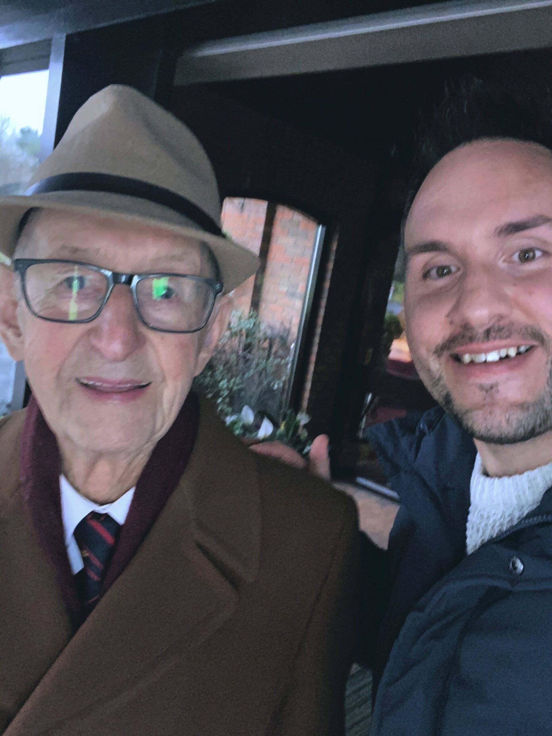 Owen Filer, age 105, oldest known man in Wales, with LongeviQuest UK researcher Ben Hinchliffe (author)