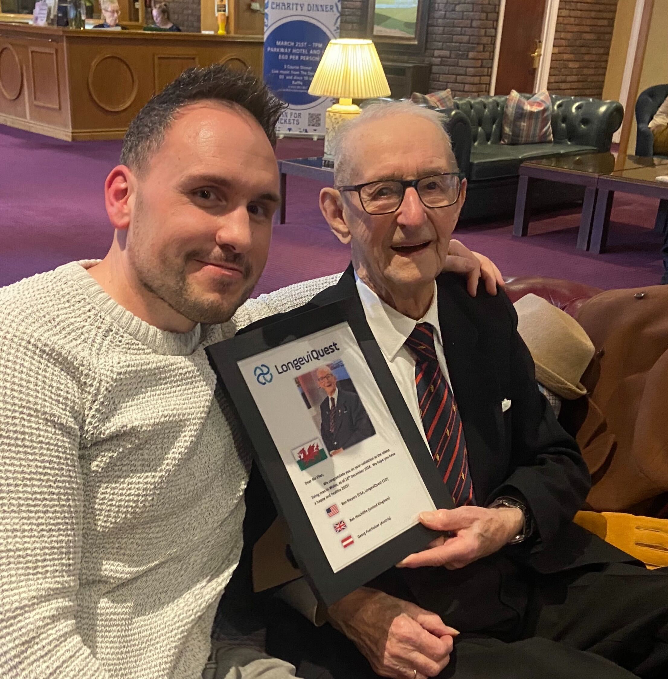 Ben Hinchliffe (author, LongeviQuest UK researcher) with Owen Filer, age 105, oldest known man in Wales