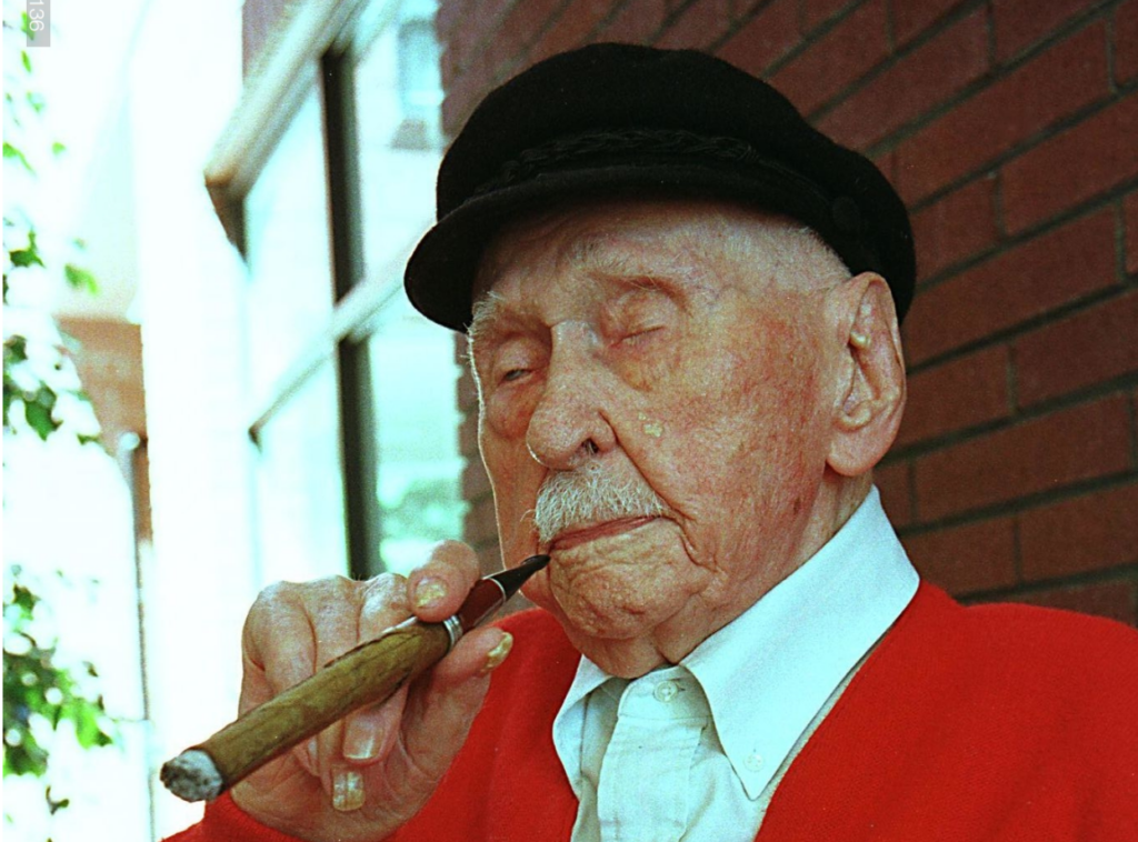 Christian Mortensen, oldest American man ever, in California at age 114.