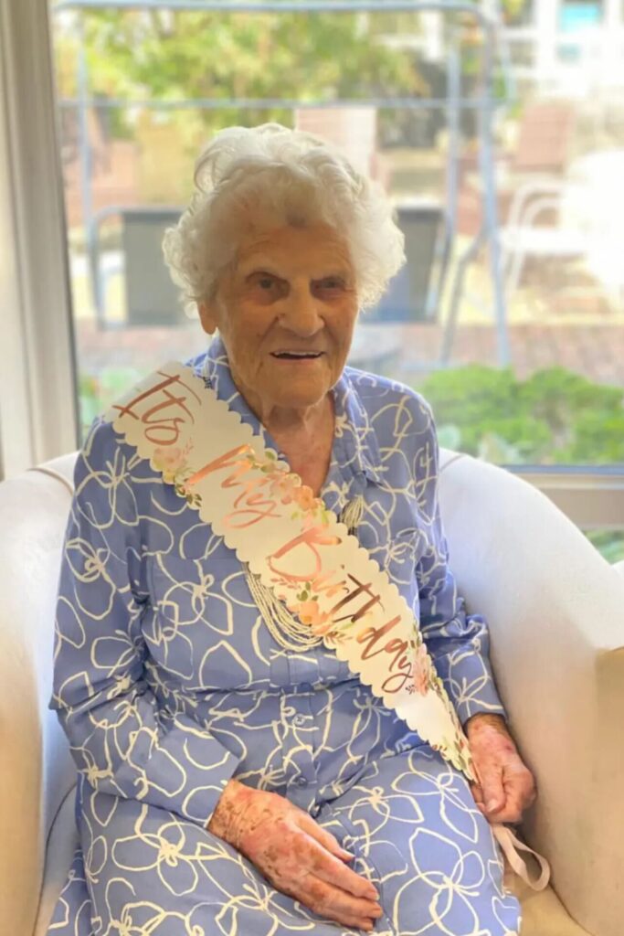 Ethel Caterham, world's oldest person, from her 113th birthday in 2022. Photo credit: Hallmark Care Homes